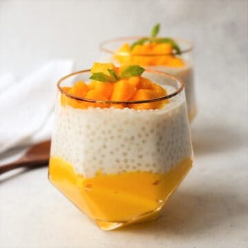 Mango sago layered with mango purée, coconut tapioca, fresh mango cubes, and mint.