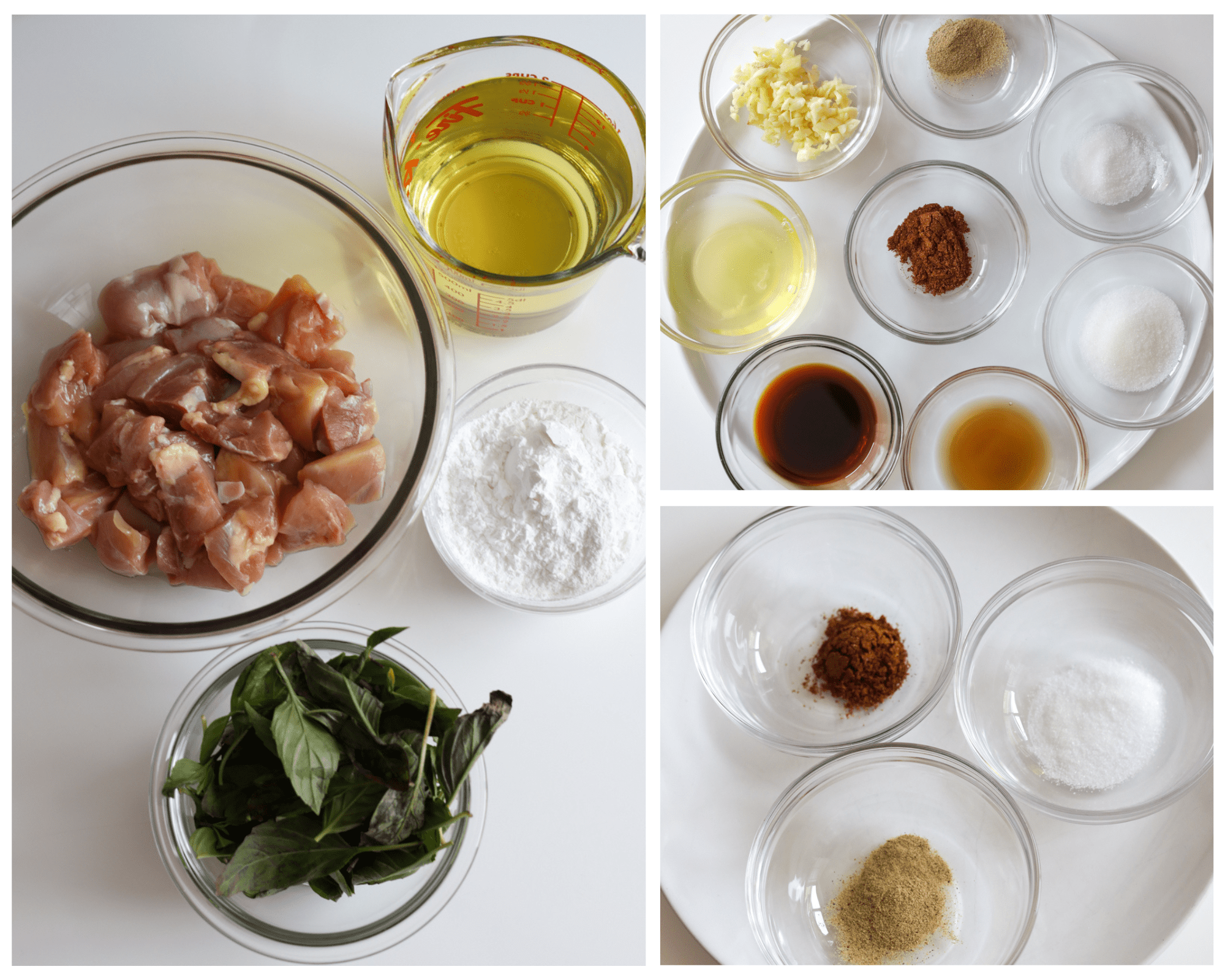 Taiwanese popcorn chicken ingredients with chicken thighs, potato starch, Thai basil, egg white, garlic, soy sauce, Shaoxing wine, five-spice powder, and seasonings.