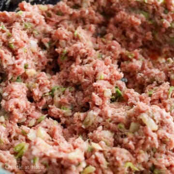 Raw minced pork filling mixed into a smooth, sticky paste.
