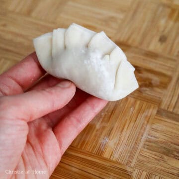 Assembled uncooked semicircle dumpling.