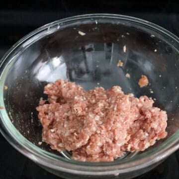 Ground pork mixed with savory seasonings in a bowl, prepared for cooking.