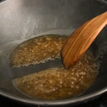 Brown gravy simmered until thickened and glossy.
