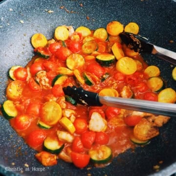 Then add cherry tomatoes and cook for another 3 minutes until juices release from the tomatoes. Add reserved pasta water with the marinara sauce.