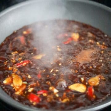 Thickened Mongolian beef sauce with ginger, garlic, and red chili.