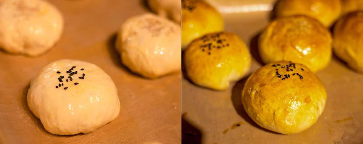 Bake the buns in the middle rack for 20-24 minutes until golden brown on top. Enjoy warm or at room temperature.