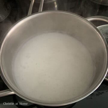 In another small pot, whisk together the coconut milk and agar agar powder. Bring this to a boil for 60 seconds and turn off the heat. Cover and and keep the pot on the heat source so it doesn't solidify.