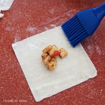 Place a heaping ½ tablespoon of the apple filling in the center of the wonton wrapper. Then lightly dap cold water on the edges of the wonton wrapper.