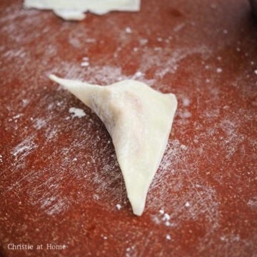 Fold the square wrapper into a triangle and seal the edges by pinching them together.