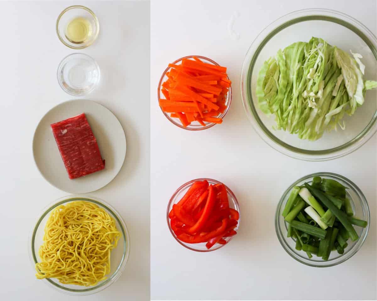 Thick lo mein noodles, flank steak, water, cooking oil, carrots, red bell pepper, cabbage, and scallions.