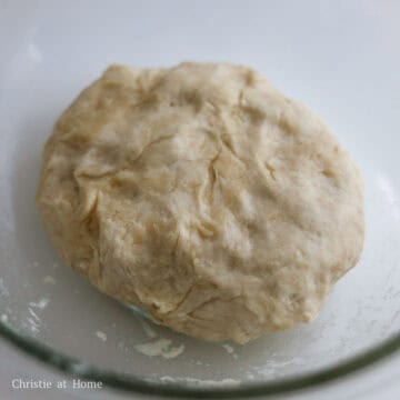 In a large mixing bowl, whisk together all-purpose flour and salt. Make a well in the middle of the flour. In a small saucepan, heat ยฝ cup or 125 ml vegetable oil on medium-high heat until it begins to smoke. Carefully pour the hot oil into the well and let it bubble for 1 minute. Then whisk the flour and oil together. Add water and mix together with a silicone spatula. Knead the dough into a ball with clean hands.