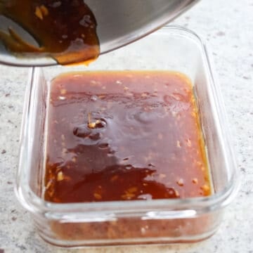 Cooled teriyaki glaze in a shallow container