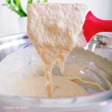 Create a well in the dry ingredients and add milk, egg, and melted butter into the well. Mix the batter together just until combined and do not over mix. Rest the pancake batter sit for 3 minutes, so it becomes thickened.