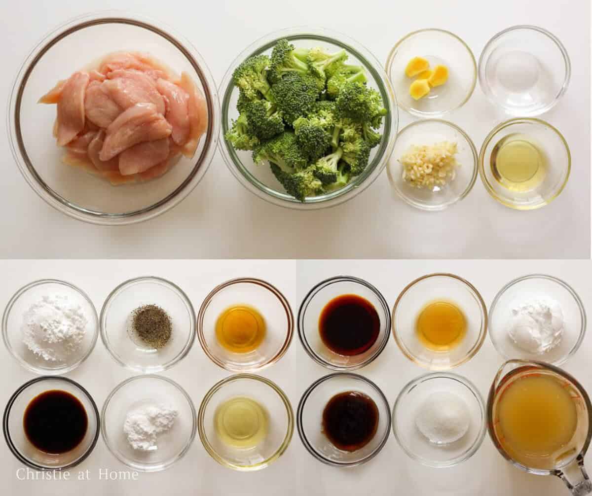 Chicken breast, broccoli, garlic, ginger, marinade and sauce ingredients for chicken and broccoli.