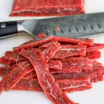 Flank steak sliced thinly against the grain.