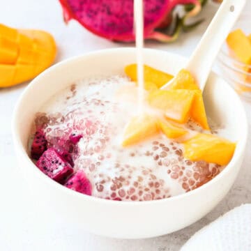Divide diced mango, pitaya and strained tapioca between four serving bowls. Pour cold coconut milk over top and enjoy!