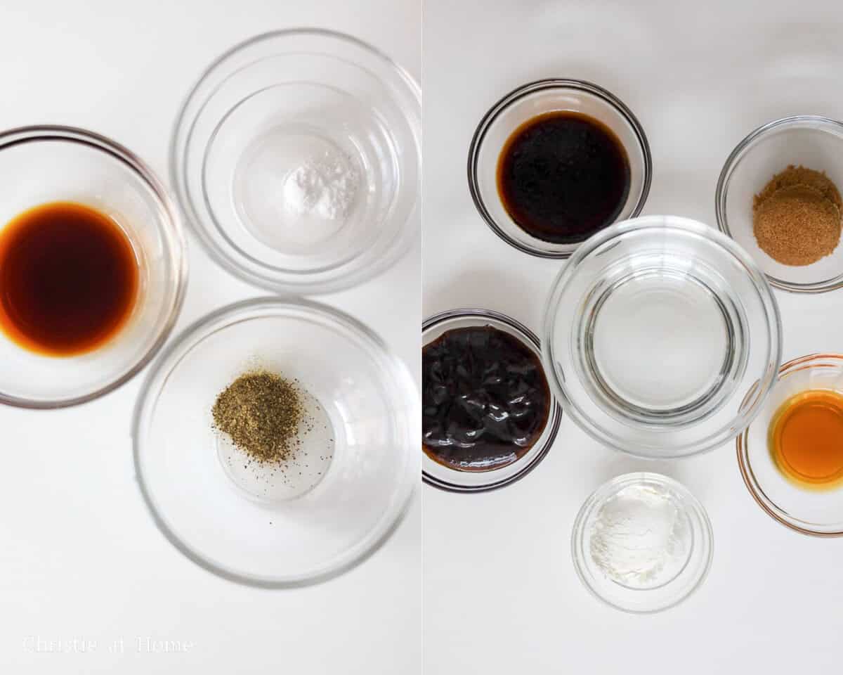 Ingredients to make the sauce and beef marinade for mongolian beef.