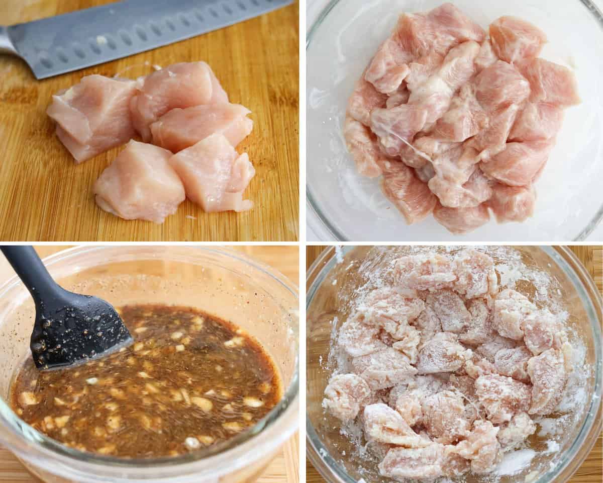 Diced chicken being marinated, coated in cornstarch, and Szechuan sauce prepared in a bowl.