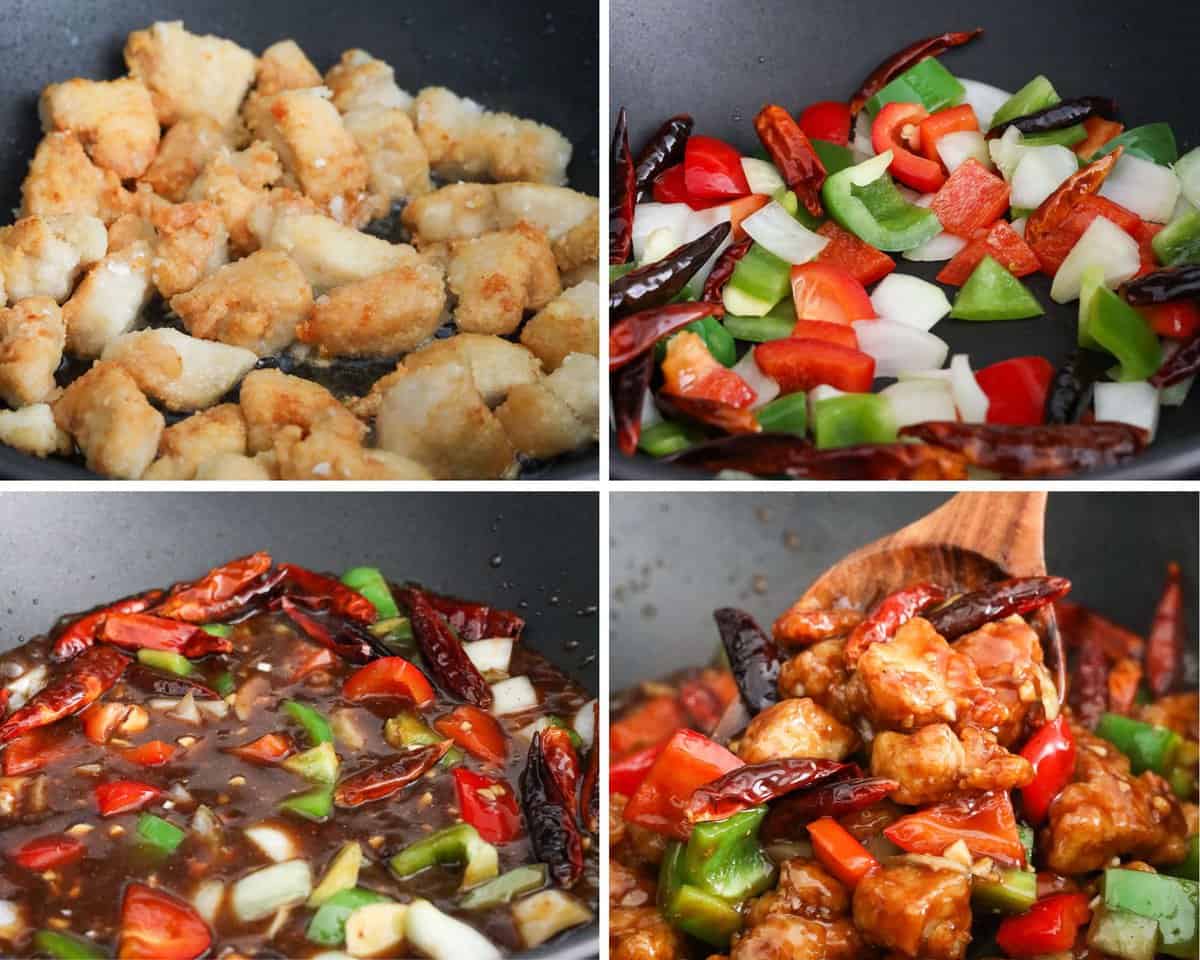 Crispy chicken stir-fried with vegetables and tossed in Szechuan sauce.