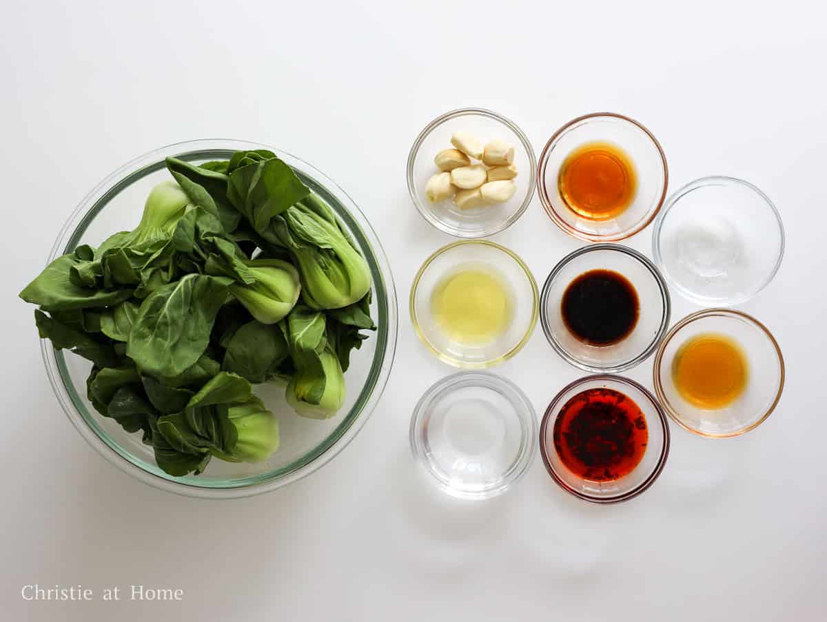 Baby bok choy and ingredients for spicy garlic sauce