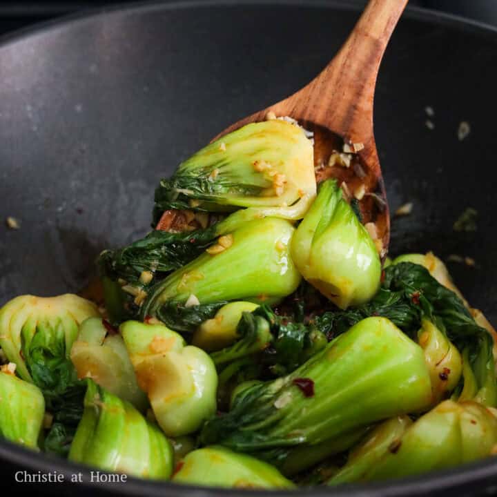 Spicy garlic bok choy coated in sauce