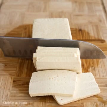 Extra-firm tofu cut into uniform ½-inch-thick rectangles.