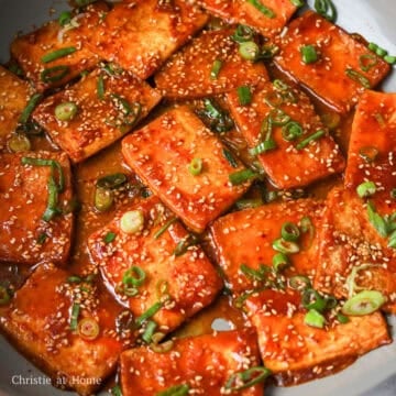 Gochujang tofu coated in a thick glaze and garnished with green onions.
