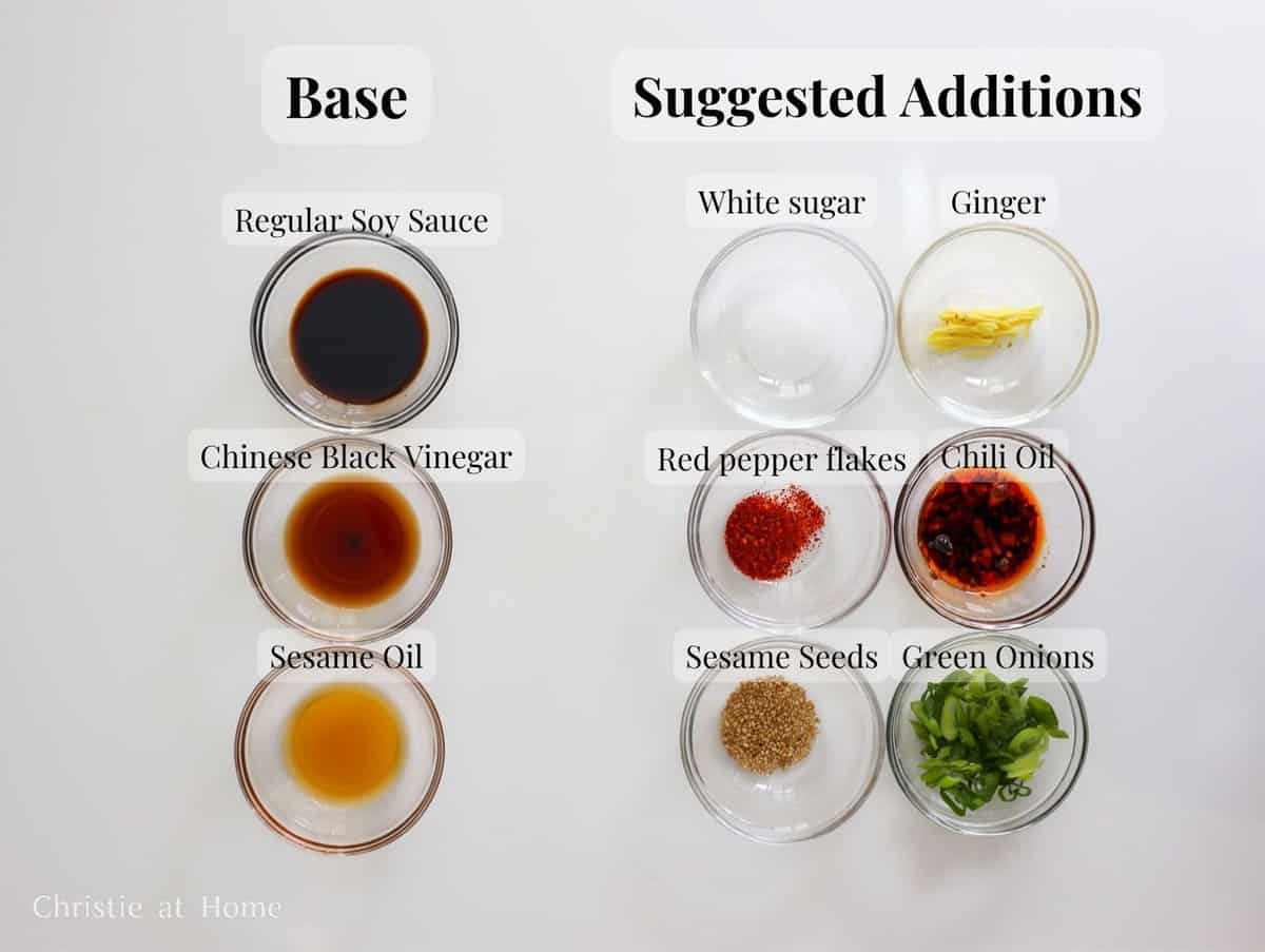 Ingredients for dumpling sauce including soy sauce, Chinese black vinegar, toasted sesame oil, sesame seeds, green onions, chili oil, chili flakes, ginger, and sugar.
