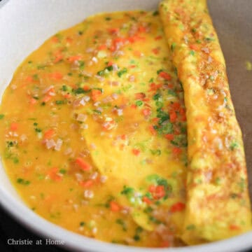slide the omelette to the midway point of the pan and fill the open space of the pan with another thin layer of the egg mixture so it adheres to the round side and repeat the folding process