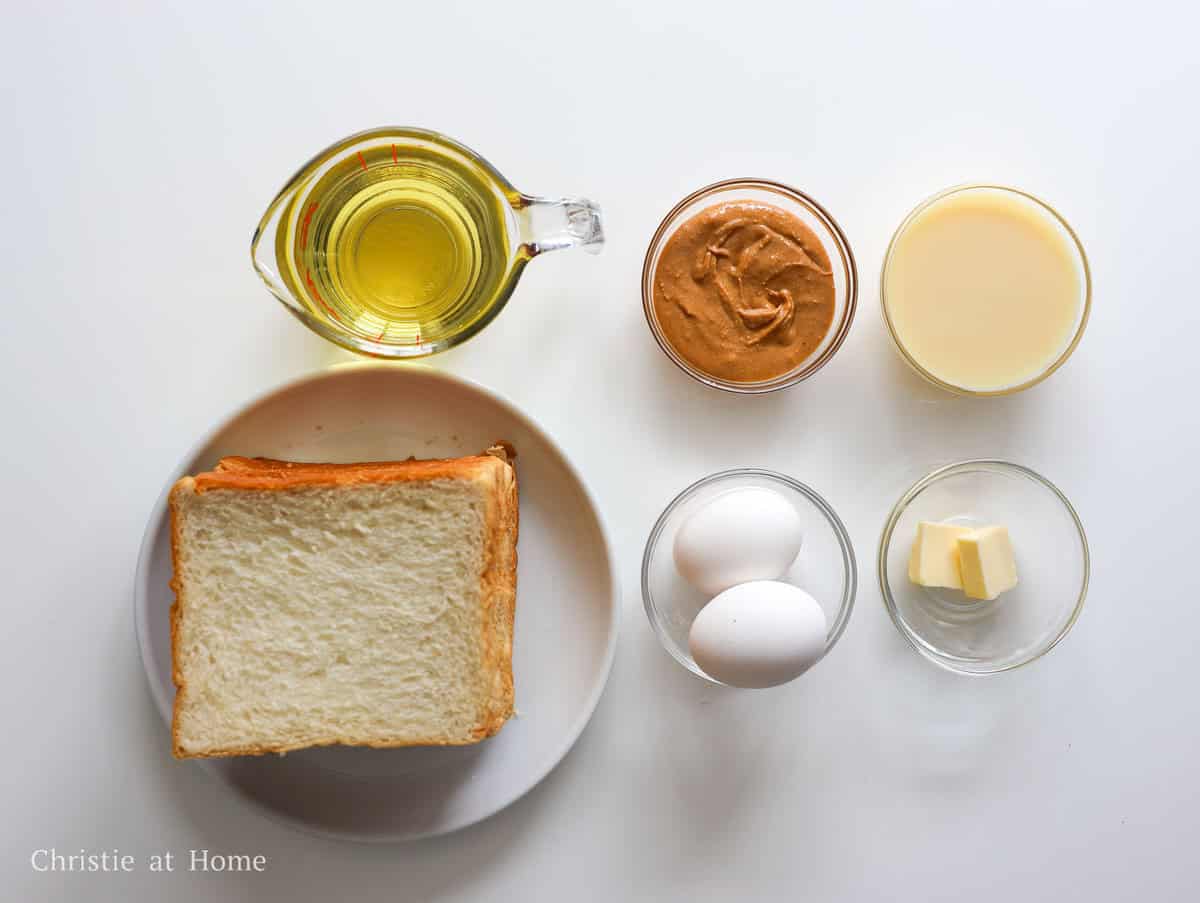 Milk bread, smooth peanut butter, eggs, vegetable oil, butter, and sweetened condensed milk for Hong Kong-style French toast.