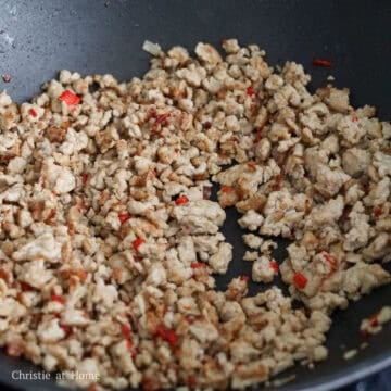 Ground meat broken into small pieces and browned after the released liquid evaporates.