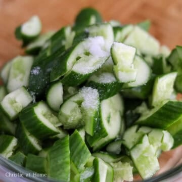 Smashed cucumber pieces tossed with salt to draw out excess moisture.