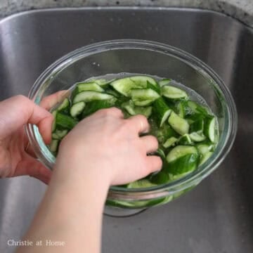 Salted cucumber pieces rinsed under cold running water.