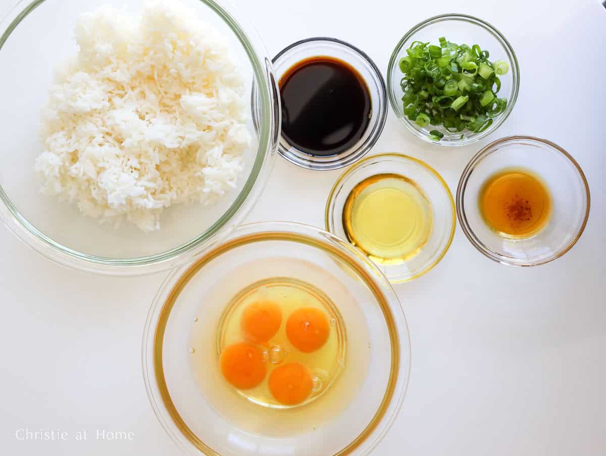 Ingredients for egg fried rice including jasmine rice, eggs, green onions, soy sauce, vegetable oil, and toasted sesame oil.