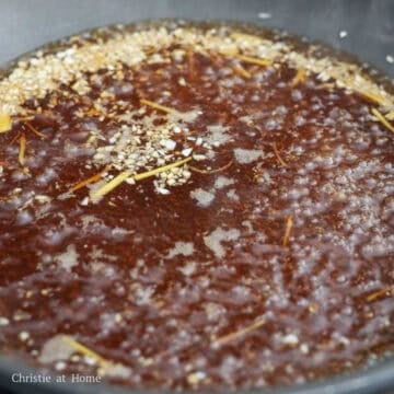 Add the broth ingredients as listed above into a large pan. Stir to dissolve the sugar and bring to a rolling simmer on medium heat.